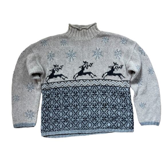 Vintage Hand-knit American Eagle Sweater Snow Reindeer Chunky - Picture 2 of 5